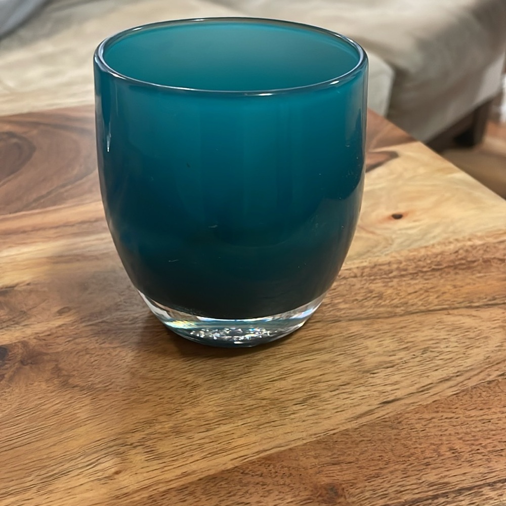 Blue-Teal Glassybaby hand blown glass candle holder